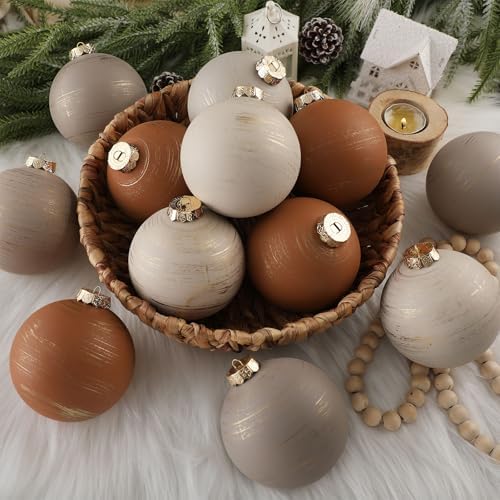 Yunlly 12 Pcs Neutral Christmas Ornament, Brown Ivory Beige, 4''