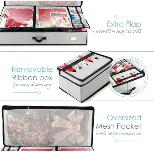 Hearth & Harbor Wrapping Paper Storage Container - Christmas Storage Bag with Ribbon Dispenser and Interior Pockets - Gift Wrap Organizer Fits Up to 26 Rolls of 40" Length, Silver