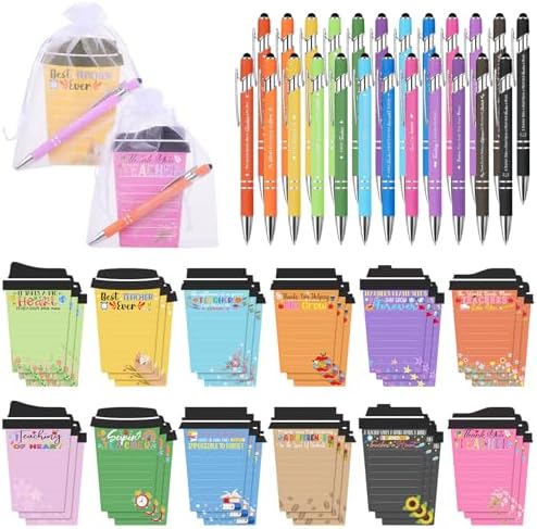 36 Set Teacher Appreciation Gifts Bulk Team - 36 Coffee Cup Notepad+ 36 Ballpoint Pens+ 36 Drawstring Gift Bags, Bulk Gifts for School Office Christmas Teacher's Day Coworker Nurse Employee