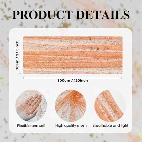 Artoid Mode 3PCS Orange Gold Gauze Table Runner 120 Inch 10FT, Glitter Metallic Foil Sheer Dining Wedding Anniversary Holiday Table Decor for Home Party