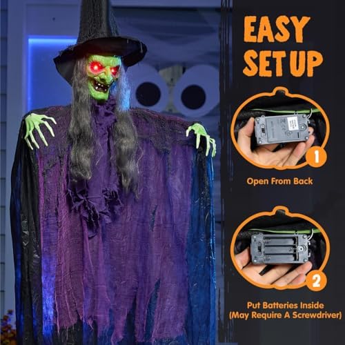 JOYIN 72” Halloween Hanging Witch Decorations Outdoor, Flying Ghost Decor Green Face Life Size Sound Activated Light Up Eyes Party Supplies for Garden Haunted House Front Porch Door Scary Modern