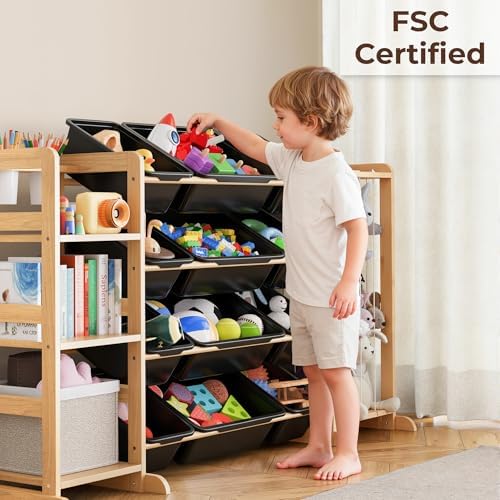 Toy Storage Organizer with Bookshelf and Stuffed Animal Storage - Kids Playroom Organization with 3 Shelves and 16 Toy Bins - Toddler Living Room Toy Box for Lego - Nursery Bedroom Decor Essential