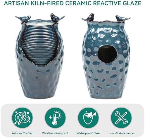 Autodaya 25" H Jar Ceramic Outdoor Water Fountain with LED Lights and Birds