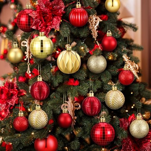 Lunmon 64 Pcs Red and Gold Christmas Ball Ornaments Glitter Xmas Bulbs