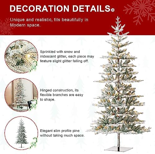 Glitzhome Christmas Tree with Lights, 8ft Deluxe Flocked Artificial Prelit Christmas TRE with 1523 PE&PVC Branch Tips, Majestic Frostfall Fir Hinged Xmas Tree w/450 Warm White Lights, Easy Assembly