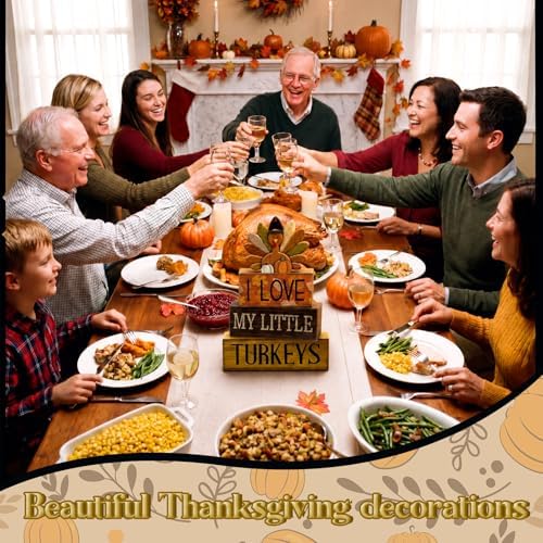 Lineshading 4 Pcs Thanksgiving Table Decoration, Turkey Wooden Block Signs