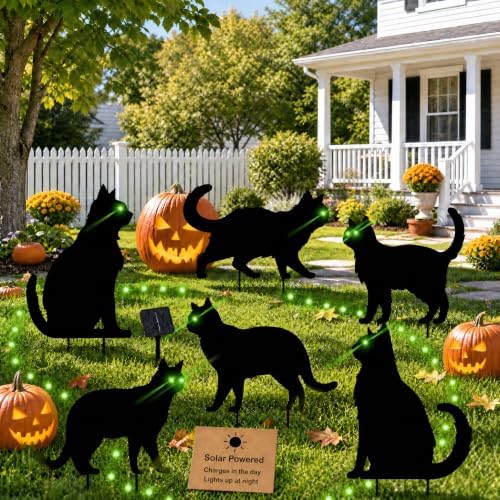 6 Pack Halloween Black Cat Yard Decorations, Solar Powered Green Eyes