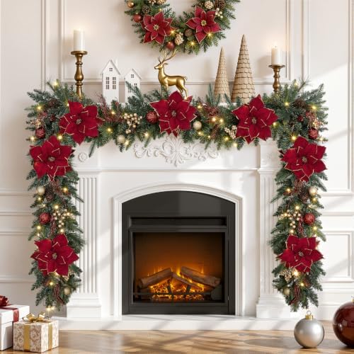 SHareconn 6FT Prelit Christmas Garland with Multi-Color LED Lights, Battery-Operated Timer, Includes Flower Ball & Poinsettia for Table Mantle Fireplace Indoor Outdoor Xmas Decor, Red and Gold, 6 FT
