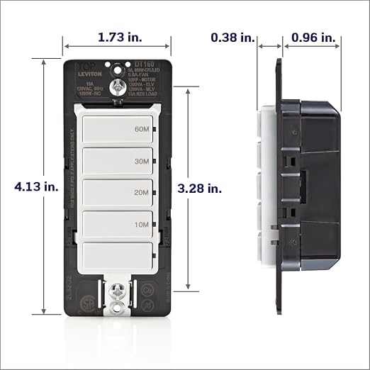 Leviton Countdown Timer Switch for bathroom fan and household lights, 10-20-30-60 min, No Neutral Required, Single Pole, 15A, 1/2HP/9.8A Fan/Motor, DT160-1LW, White