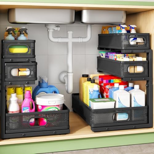 Kitstorack Under Sink Organizer, 2-Pack 3-Tier Height Adjustable Thickened Metal Pull out Cabinet Organizer Shelf, Slide out Storage Drawer Rack for Bathroom Kitchen Pantry Home Laundry Organization