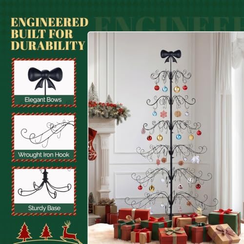 VINGLI 6FT Metal Christmas Ornament Tree, Wrought Iron Display Stand Black