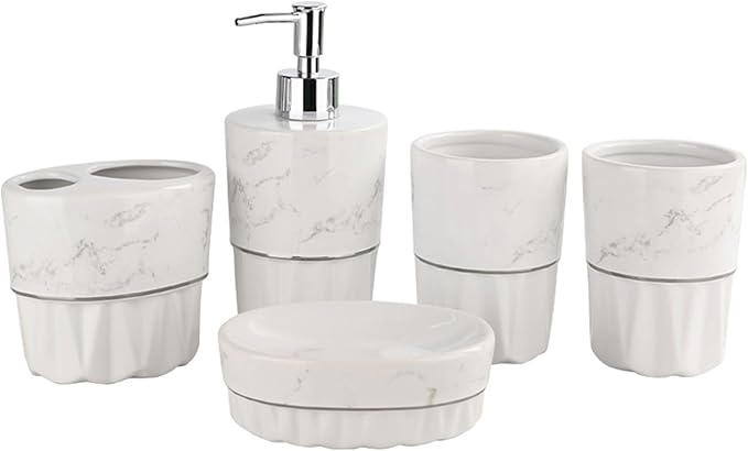 Soap Dispenser Set White, Set of 5 Bathroom Accessories, with 2 Toothbrush Cups, Soap Dish, Toothbrush Cup, Ceramic Soap Dispenser, for Bathrooms, Apartments, Dormitories,Marble White