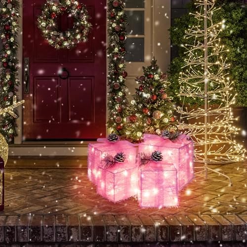 Set of 4 Christmas Lighted Gift Boxes, Pink Present Holiday Decor