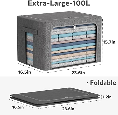 Clothes Storage Bins with Metal Frame, Clear Window, 100L, Dark Gray,2-Pack