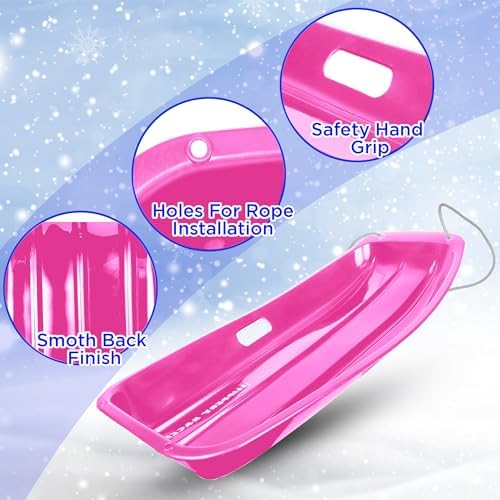 Slippery Racer Downhill Sprinter Flexible Kids Toddler Plastic Cold-Resistant Toboggan Snow Sled with Pull Rope and Handles, Pink (3 Pack)