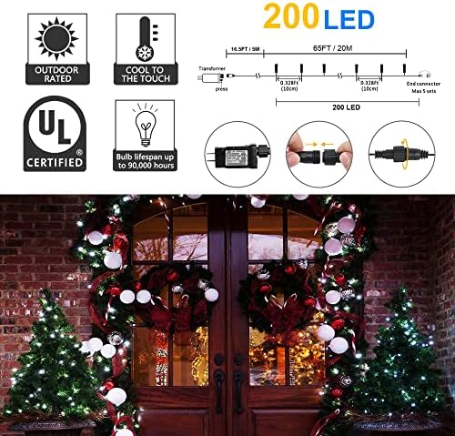 weillsnow White Christmas Fairy Lights Plug in, 200 LED 66FT Waterproof Christmas String Lights, 8 Modes with Memory for Outdoor Indoor Wedding Garden Christmas Decorations (66FT, White)