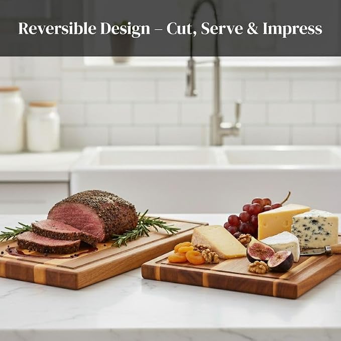Acacia Wood Cutting Board Set of 3 with Stand, Thick Butcher Block Boards w/Deep Juice Grooves for Meat Prep & Serving, Premium Solid Hardwood, Non-Toxic, BPA-Free by New M Way