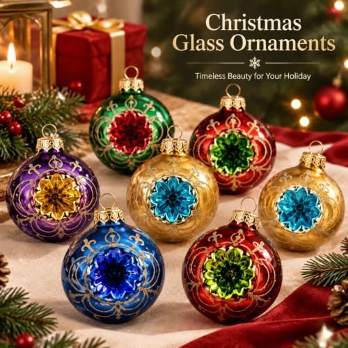 16 Pcs Vintage Glass Christmas Ornament Reflector Decor, Retro