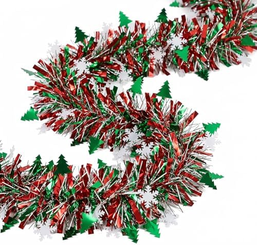 50 Feet Green Red Christmas Metallic Tinsel Twist Hanging Garland with Snowflake Xmas Tree for Home Mantle Xmas Tree Staircase Railing New Year Holiday Party Indoor Outdoor Decorations