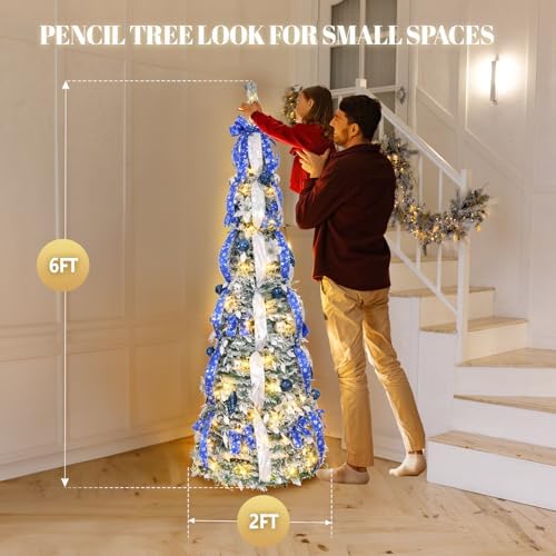 VINGLI 6ft Pre Lit Pop Up Flocked Pencil Christmas Tree with 150 Lights, Fully Decorated Collapsible Holiday Party Decoration (Blue&Silver)