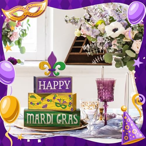 Moucuny 4 Pcs Mardi Gras Wooden Block Signs Tiered Tray Farmhouse Table