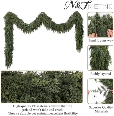 9Ft Christmas Cedar Garland, Real Touch Soft Greenery Christmas Decorations