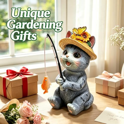 Solar Garden Cat Statues, Outdoor Fishing Cat with Butterfly Solar Lights