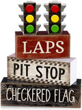 Lineshading 4 Pcs Race Car Wooden Tiered Tray Decor Tabletop Block Signs
