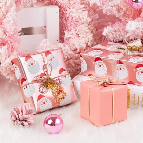 WRAPAHOLIC 30 Inch Reversible Christmas Wrapping Paper - 30 Inch x 33 Feet - Santa Claus Wrapping Paper and Solid Rose Gold Design with Metallic Foil Shine for Chrsitmas, Holiday, Party