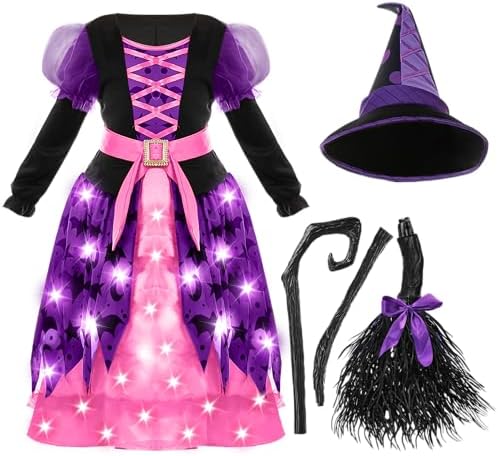 Spooktacular Creations Girls Light Up Bat Witch Tutu Costume, Toddlers Dress with Hat Broom for Kids Halloween Themed Parties