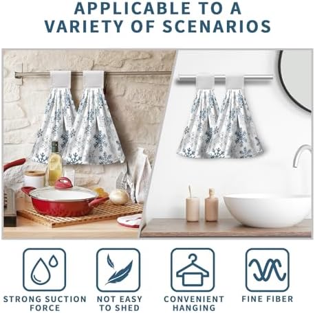 2 Pcs Blue Snowflake Winter Hanging Kitchen Towels Christmas Hand Towels with Hanging Loop Xmas Holiday Kitchen Tie Towel Dish Cloth Soft Absorbent Fingertip Bath Towel for Bathroom