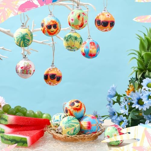 Outus 16 Pcs Summer Tree Ornaments Ball Hawaiian Style Ball Mini Summer Christmas Hanging Decoration for Tree Watermelon Tropical Leaf Coconut Palm Farmhouse Home Fireplace Holiday Party Decor