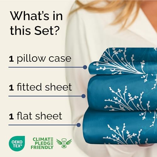 Twin XL 3 Piece Floral Sheet Set - Soft, Breathable & Cooling - Sea Spray
