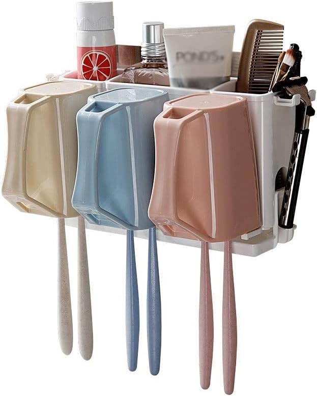 Toothbrush Rack Wall-Mounted Toothbrush Holder Bathroom Toothbrush Holder with Three Sinks with Cups for Toothpaste and Makeup Bathroom Toothbrush Holder