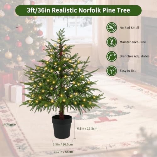 3FT Pre-Lit Artificial Norfolk Pine Christmas Tree, Holiday Décor