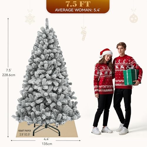 YITAHOME Prelit Snow Flocked Artificial Full Christmas Tree 7.5ft with Remote Control, Christmas Pine Tree with 11 Light-Modes, 1450 Branch Tips and Foldable Base for Home, Party Decoration