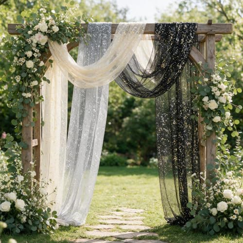 Artoid Mode 3PC Beige Black White Gauze Table Runner 120 Inch 10FT, Glitter Metallic Foil Sheer for Wedding Anniversary Holiday Birthday Home Party Decor