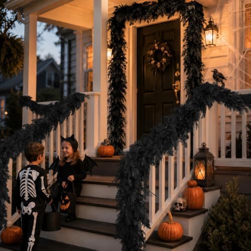 Halloween Garland 8.9FT Decorations Black Real Touch Cedar Cypress Pine Plant Artificial Halloween Garland for Mantle, Fireplace, Table, Stairs, Door, Porch, Indoor Outdoor Decorations, Black