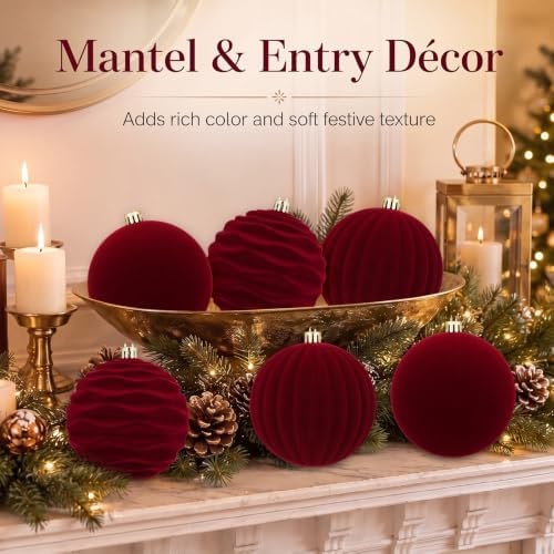 Hollowfly 6 pcs 4 Inch Burgundy Red Large Velvet Christmas Balls Ornaments