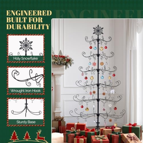 VINGLI 6FT Metal Christmas Ornament Tree, Wrought Iron Display Stand Black