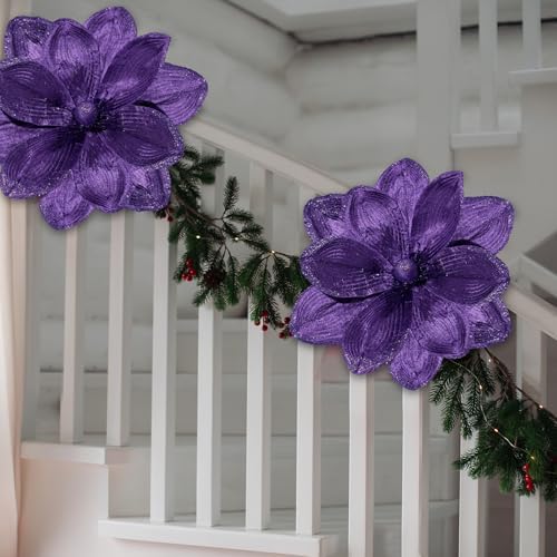 Thiccywoov 8 Pack Large 16'' Christmas Velvet Magnolia Flowers, Purple