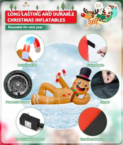 EAONE 10FT Christmas Inflatable Outdoor Decoration, Giant Christmas Blow Ups Yard Decorations Inflatable Gingerbread Man Lying Flat with Built-in LED Lights for Garden, Lawn, Home Xmas Holiday Decor