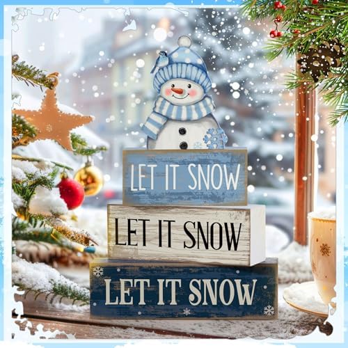 Lineshading 4 Pcs Wooden Snowman Table Decoration, Let It Snow Signs