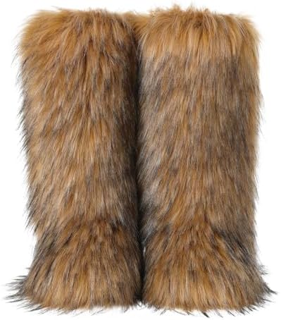 CELNEPHO Faux Fur Boots Knee High Furry Boots Fuzzy Winter Snow Shoes Flats
