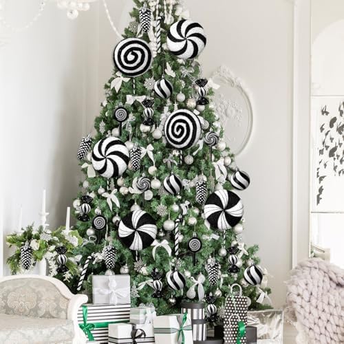 Hollowfly 27 Pcs Large Candy Christmas Decorations 7.87" Peppermint Lollipop Candy Christmas Decorations with Hanging Xmas Tree Ornaments Lollipop for Home Xmas Party Decor(Black and White)