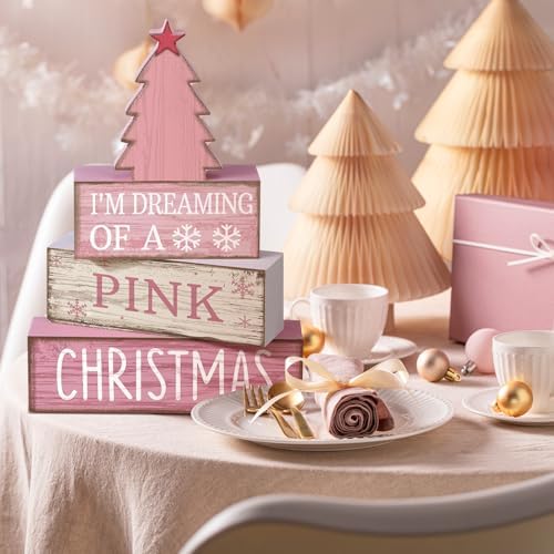Lineshading 4 Pcs Pink Christmas Table Decor, Wooden Christmas Tree Signs