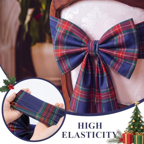 Thiccywoov 4 Pcs Christmas Chair Bows Decorations 25 x 14 in, Blue Tartan