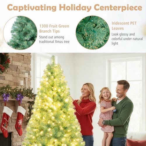 HAPPYGRILL 7.5 FT Pre-lit Tinsel Christmas Tree Artificial Xmas Tree with 550 LED Lights, 8 Modes, 1300 Fruit Green Branch Tips, Folding Metal Stand, Seasonal Holiday Tree for Home Office Party