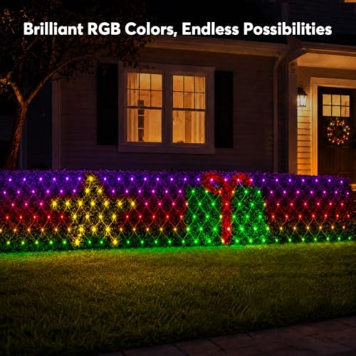 Christmas Net Lights Outdoor for Bushes 2.8 x 10 ft, DIY Patterns, 300 RGB LEDs with Green Wire, App & Remote Control, Music Sync Timer for Outdoor Christmas Lights