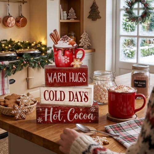 Lineshading 4 Pcs Christmas Table Decorations, Wooden Hot Cocoa Bar Sign